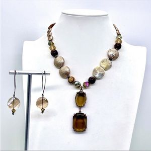 Chico’s Smoky Rhinestone+Metallic Beaded Y Necklace & Coordinating Earrings